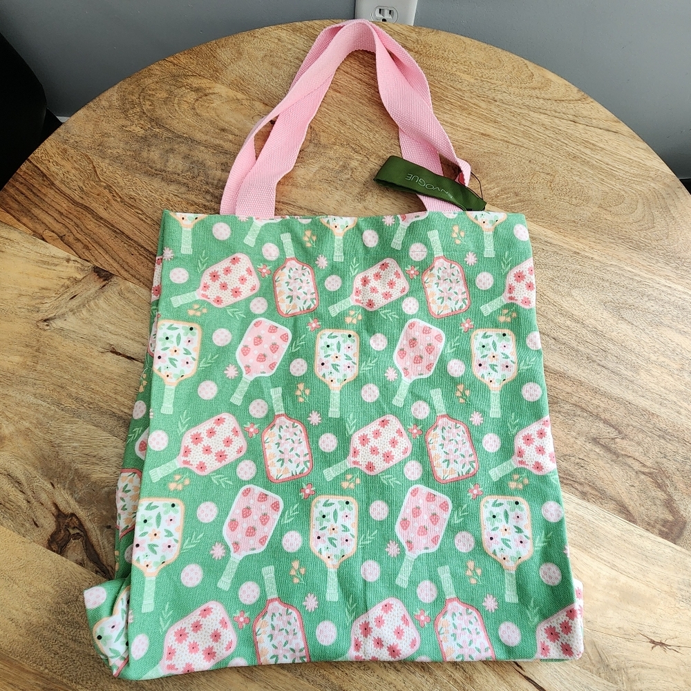 Canvas Pickleball Cotton Reusable Tote Bag With Paddles, Balls, Flowers